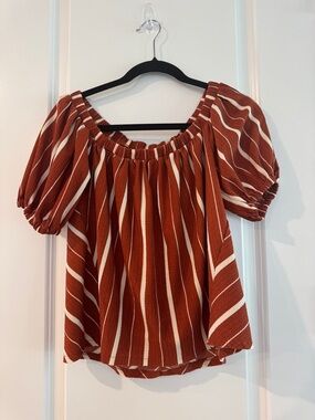 Anthropologie Rust and Cream Striped Off-Shoulder Puff Sleeve Top